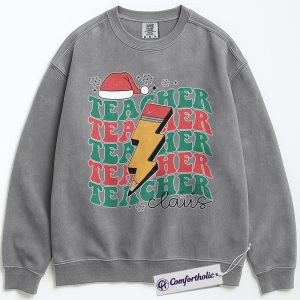 Alternative view of Teacher Claus Christmas Crewneck, Funny Holiday Teacher Sweatshirt, Retro Lightning Bolt Graphic Pullover, Cute Gift for Educators and School Staff, Christmas Comfort Colors Sweatshirt