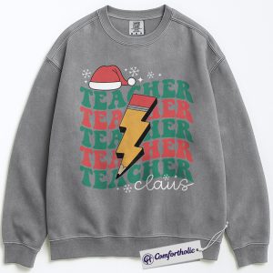 Teacher Claus Christmas Sweatshirt, Funny Holiday Teacher Pullover, Lightning Bolt Retro Graphic Sweatshirt, Cute Gift for Educators and School Staff, Christmas Comfort Colors Sweatshirt
