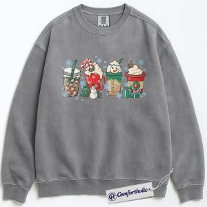 Alternative view of Christmas Coffee Drinks Sweatshirt, Cute Holiday Latte and Cocoa Pullover, Festive Snowman and Peppermint Mocha Graphic Sweatshirt, Gift for Coffee Lovers, Christmas Comfort Colors Sweatshirt