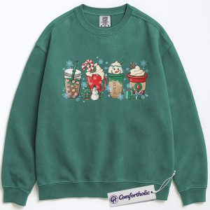 Christmas Coffee Drinks Sweatshirt, Cute Holiday Latte and Cocoa Pullover, Festive Snowman and Peppermint Mocha Graphic Sweatshirt, Gift for Coffee Lovers, Christmas Comfort Colors Sweatshirt