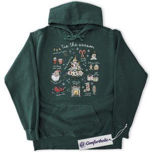 Tis the Season Christmas Hoodie, Cozy Holiday Aesthetic Hoodie, Cute Festive Graphic Pullover with Santa and Christmas Tree, Winter Gift for Women, Christmas Comfort Colors Hoodie
