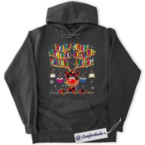 Alternative view of Book Lover Christmas Hoodie, Cute Reindeer Reading Hoodie, Funny Plaid Book Antler Graphic Pullover, Holiday Gift for Teachers and Librarians, Christmas Comfort Colors Hoodie