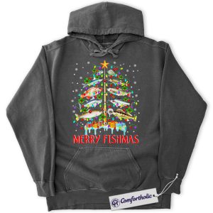 Alternative view of Merry Fishmas Hoodie, Funny Fishing Christmas Hoodie, Humor Outdoor Lover Graphic Pullover, Festive Holiday Gift for Fishermen, Christmas Comfort Colors Hoodie