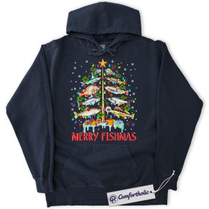 Merry Fishmas Hoodie, Funny Fishing Christmas Hoodie, Humor Outdoor Lover Graphic Pullover, Festive Holiday Gift for Fishermen, Christmas Comfort Colors Hoodie