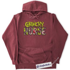 Alternative view of Grinchy Nurse Hoodie, Funny Christmas Nurse Hoodie, Grinch Themed Medical Worker Graphic Pullover, Holiday Gift for Nurses, Christmas Comfort Colors Hoodie