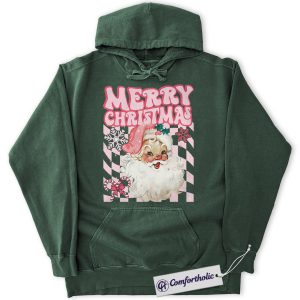 Alternative view of Retro Merry Christmas Hoodie, Vintage Santa Claus Hoodie, Cute Pink Holiday Graphic Pullover, Festive Xmas Gift, Christmas Comfort Colors Hoodie