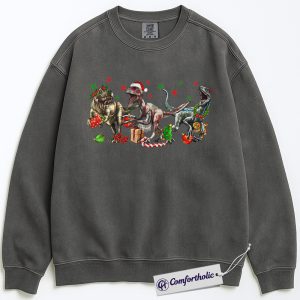 Dinosaur Christmas Sweatshirt, Funny T-Rex and Velociraptor Holiday Pullover, Cute Jurassic Christmas Graphic Crewneck, Prehistoric Dino Lover Gift, Christmas Comfort Colors Sweatshirt