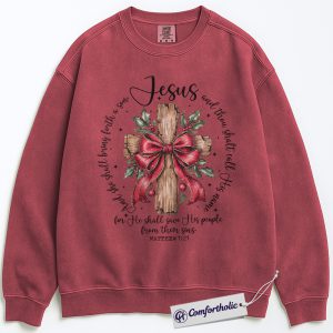 Jesus Cross Christmas Sweatshirt, Matthew 1:21 Bible Verse Pullover, Christian Faith Holiday Graphic Crewneck, Religious Christmas Gift for Women, Christmas Comfort Colors Sweatshirt