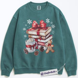 Book Lover Christmas Sweatshirt, Cozy Winter Reading Crewneck, Gingerbread Hot Cocoa Holiday Graphic Sweatshirt, Gift for Readers & Librarians, Christmas Comfort Colors Sweatshirt