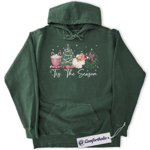 Tis The Season Christmas Hoodie, Vintage Santa Tree Wreath Hoodie, Cute Pink Holiday Graphic Pullover, Festive Winter Gift, Christmas Comfort Colors Hoodie