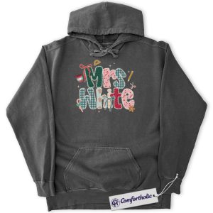 Alternative view of Personalized Teacher Christmas Hoodie, Custom Name Patchwork Holiday Hoodie, Cute Classroom Graphic Pullover, Festive Gift for Educators, Christmas Comfort Colors Hoodie