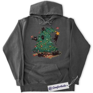 Alternative view of Funny Christmas Cat Hoodie, Naughty Black Cats Christmas Tree Hoodie, Cute Holiday Pet Lover Graphic Pullover, Gift for Cat Owners, Christmas Comfort Colors Hoodie