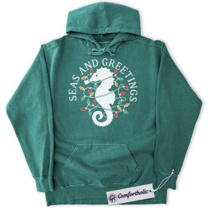 Seas and Greetings Hoodie, Funny Coastal Christmas Hoodie, Seahorse Holiday Graphic Pullover, Beach Lover Festive Gift, Christmas Comfort Colors Hoodie