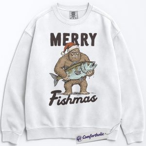 Alternative view of Merry Fishmas Sweatshirt, Funny Bigfoot Fishing Christmas Pullover, Fisherman Holiday Graphic Sweatshirt, Outdoor Humor Gift for Men, Christmas Comfort Colors Sweatshirt