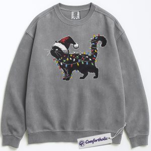 Alternative view of Black Cat Christmas Sweatshirt, Funny Santa Hat Cat Pullover, Cute Festive Kitty Holiday Graphic Sweatshirt, Cat Lover Christmas Gift for Women, Christmas Comfort Colors Sweatshirt