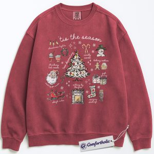 Tis the Season Christmas Sweatshirt, Cozy Holiday Aesthetic Pullover, Cute Festive Graphic Crewneck with Santa and Christmas Tree, Winter Gift for Women, Christmas Comfort Colors Sweatshirt