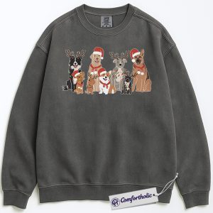 Funny Dog Christmas Sweatshirt, Cute Pet Lover Holiday Pullover, Santa Hat and Reindeer Antler Dogs Graphic Crewneck, Christmas Gift for Dog Owners, Christmas Comfort Colors Sweatshirt