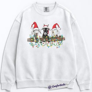 Alternative view of Funny Goat Christmas Sweatshirt, Cute Farm Animal Holiday Pullover, Three Goats with Santa Hats Graphic Crewneck, Christmas Gift for Goat Lovers, Christmas Comfort Colors Sweatshirt