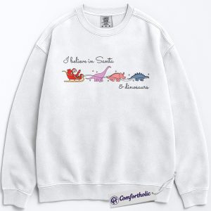 Alternative view of I Believe in Santa and Dinosaurs Sweatshirt, Funny Dinosaur Christmas Pullover, Cute Santa Dino Graphic Crewneck, Whimsical Holiday Gift for Dinosaur Lovers, Christmas Comfort Colors Sweatshirt