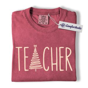 Christmas Teacher Shirt, Minimalist Tree Letter Design T-Shirt, Cute Holiday Classroom Graphic Tee, Festive Gift for Educators, Christmas Comfort Colors Shirt