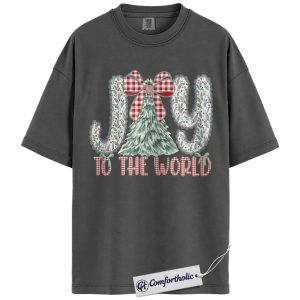 Joy to the World Shirt, Christian Christmas T-Shirt, Festive Tree and Bow Graphic Tee, Faith-Based Holiday Gift for Believers, Christmas Comfort Colors Shirt