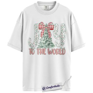 Alternative view of Joy to the World Shirt, Christian Christmas T-Shirt, Festive Tree and Bow Graphic Tee, Faith-Based Holiday Gift for Believers, Christmas Comfort Colors Shirt
