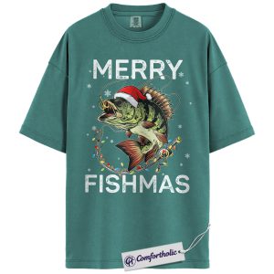 Merry Fishmas Shirt, Funny Fishing Christmas T-Shirt, Santa Fish Holiday Graphic Tee, Gift for Fishermen and Anglers, Christmas Comfort Colors Shirt