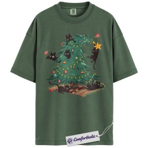 Funny Christmas Cat Shirt, Naughty Black Cats Christmas Tree T-Shirt, Cute Holiday Pet Lover Graphic Tee, Gift for Cat Owners, Christmas Comfort Colors Shirt
