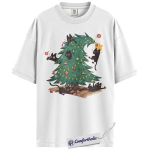 Alternative view of Funny Christmas Cat Shirt, Naughty Black Cats Christmas Tree T-Shirt, Cute Holiday Pet Lover Graphic Tee, Gift for Cat Owners, Christmas Comfort Colors Shirt