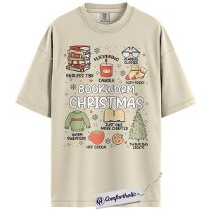 Bookworm Christmas Shirt, Cozy Holiday Reader T-Shirt, Cute Book Lover Graphic Tee, Festive Gift for Readers and Bibliophiles, Christmas Comfort Colors Shirt