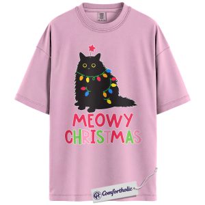 Meowy Christmas Cat Shirt, Funny Black Cat Holiday T-Shirt, Cute Pet Lover Graphic Tee, Gift for Cat Moms and Animal Lovers, Christmas Comfort Colors Shirt