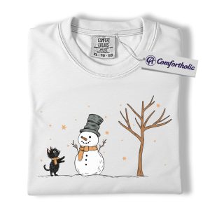 Alternative view of Cat and Snowman Christmas Shirt, Cute Black Cat Winter T-Shirt, Cozy Holiday Graphic Tee, Gift for Cat Lovers, Christmas Comfort Colors Shirt