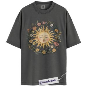 Boho Sun and Floral Shirt, Vintage Celestial Sun Face T-Shirt, Aesthetic Nature Graphic Tee, Spiritual Sunshine Gift for Women, Comfort Colors Shirt