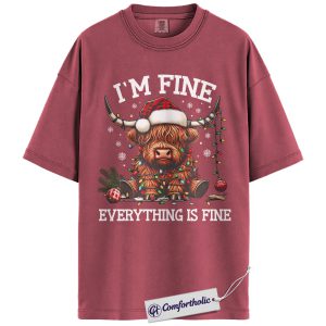 I’m Fine Everything Is Fine Shirt, Funny Highland Cow Christmas T-Shirt, Cute Farm Animal Holiday Graphic Tee, Sarcastic Gift for Cow Lovers, Christmas Comfort Colors Shirt