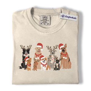 Funny Dog Christmas Shirt, Cute Pet Lover Holiday T-Shirt, Santa Hat and Reindeer Antler Dogs Graphic Tee, Christmas Gift for Dog Owners, Christmas Comfort Colors Shirt