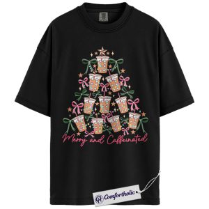 Merry and Caffeinated Shirt, Coffee Christmas T-Shirt, Cute Iced Coffee Holiday Tree Graphic Tee, Festive Christmas Gift for Coffee Lovers, Christmas Comfort Colors Shirt