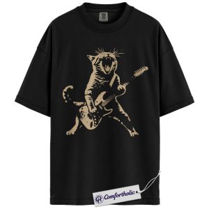 Alternative view of Rockstar Cat Shirt, Funny Cat Music T-Shirt, Retro Guitar Cat Graphic Tee, Unique Gift for Pet Lovers, Christmas Comfort Colors Shirt