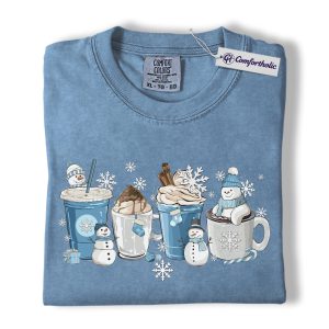 Winter Coffee Drinks Shirt, Snowman Coffee Lover T-Shirt, Cute Hot Cocoa Holiday Illustration Graphic Tee, Festive Winter Gift for Women, Christmas Comfort Colors Shirt