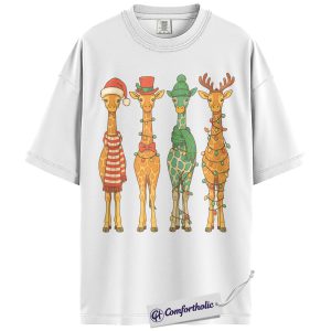 Alternative view of Christmas Giraffe Crew Shirt, Safari Animal Holiday T-Shirt, Cute Giraffe Lights Graphic Tee, Festive Christmas Gift for Animal Lovers, Christmas Comfort Colors Shirt