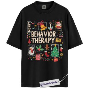 Merry Behavior Therapy Shirt, ABA Therapist Christmas T-Shirt, Cute Festive Holiday Icons Graphic Tee, Christmas Gift for Behavior Techs, Christmas Comfort Colors Shirt
