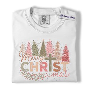 Alternative view of Merry Christmas Shirt, Christian Holiday T-Shirt, Boho Christmas Trees Graphic Tee, Faith-Based Gift for Believers, Christmas Comfort Colors Shirt