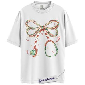 Alternative view of Stethoscope Bow Christmas Shirt, Christmas Nurse T-Shirt, Candy Cane Medical Worker Graphic Tee, Cute Holiday Gift for Nurses, Christmas Comfort Colors Shirt