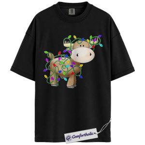 Moose Christmas Shirt, Funny Holiday T-Shirt, Cute Animal Lights Graphic Tee, Festive Winter Gift for Christmas Lovers, Christmas Comfort Colors Shirt