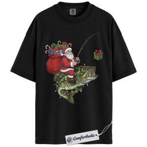 Funny Fishing Christmas Shirt, Santa Claus Riding Bass T-Shirt, Fisherman Holiday Graphic Tee, Funny Gift for Dads & Outdoor Lovers, Christmas Comfort Colors Shirt