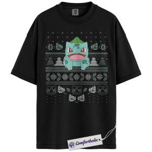 Alternative view of Bulbasaur Shirt, Pokemon Shirt, PKM Shirt, Christmas Shirt, Anime Graphic Tee, Christmas Comfort Colors Shirt