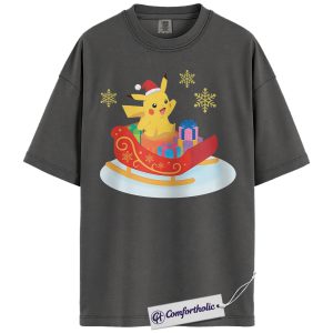 Alternative view of Pikachu Shirt, Pokemon Shirt, PKM Shirt, Christmas Shirt, Anime Graphic Tee, Christmas Comfort Colors Shirt