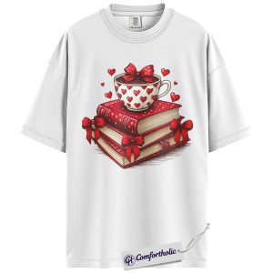 Alternative view of Book Lover Valentine Shirt, Cute Coffee & Books Graphic Tee, Cozy Reader Aesthetic T-Shirt, Gift for Bookworms and Coffee Lovers, Comfort Colors Shirt