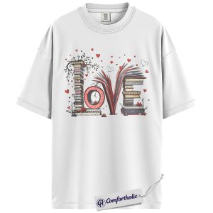 Alternative view of LOVE Book Lover Shirt, Cute Bibliophile Valentine T-Shirt, Aesthetic Reading Graphic Tee, Gift for Readers and Book Lovers, Comfort Colors Shirt
