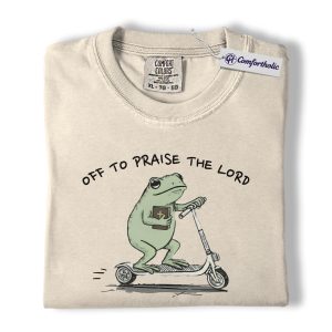Off to Praise the Lord Shirt, Funny Christian Frog Graphic Tee, Cute Bible Lover T-Shirt, Faith Gift for Believers and Church Youth, Comfort Colors Shirt