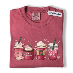 Valentine Coffee Shirt, Pink Drinks Graphic T-Shirt, Aesthetic Coffee Lover Tee, Cute Heart Cup Gift for Baristas and Coffee Girls, Comfort Colors Shirt